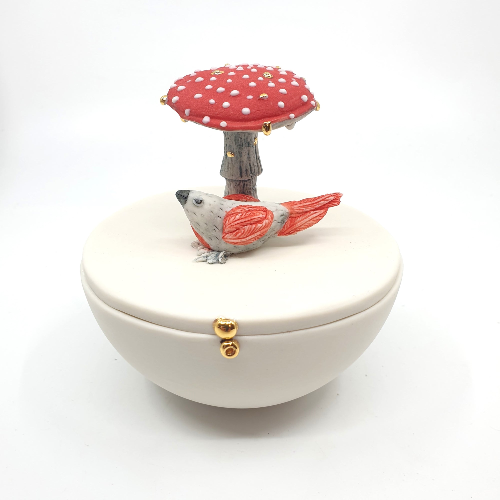 Porcelain sugar bowl with red finch and mushroom