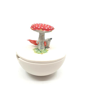 Porcelain sugar bowl with red finch and mushroom