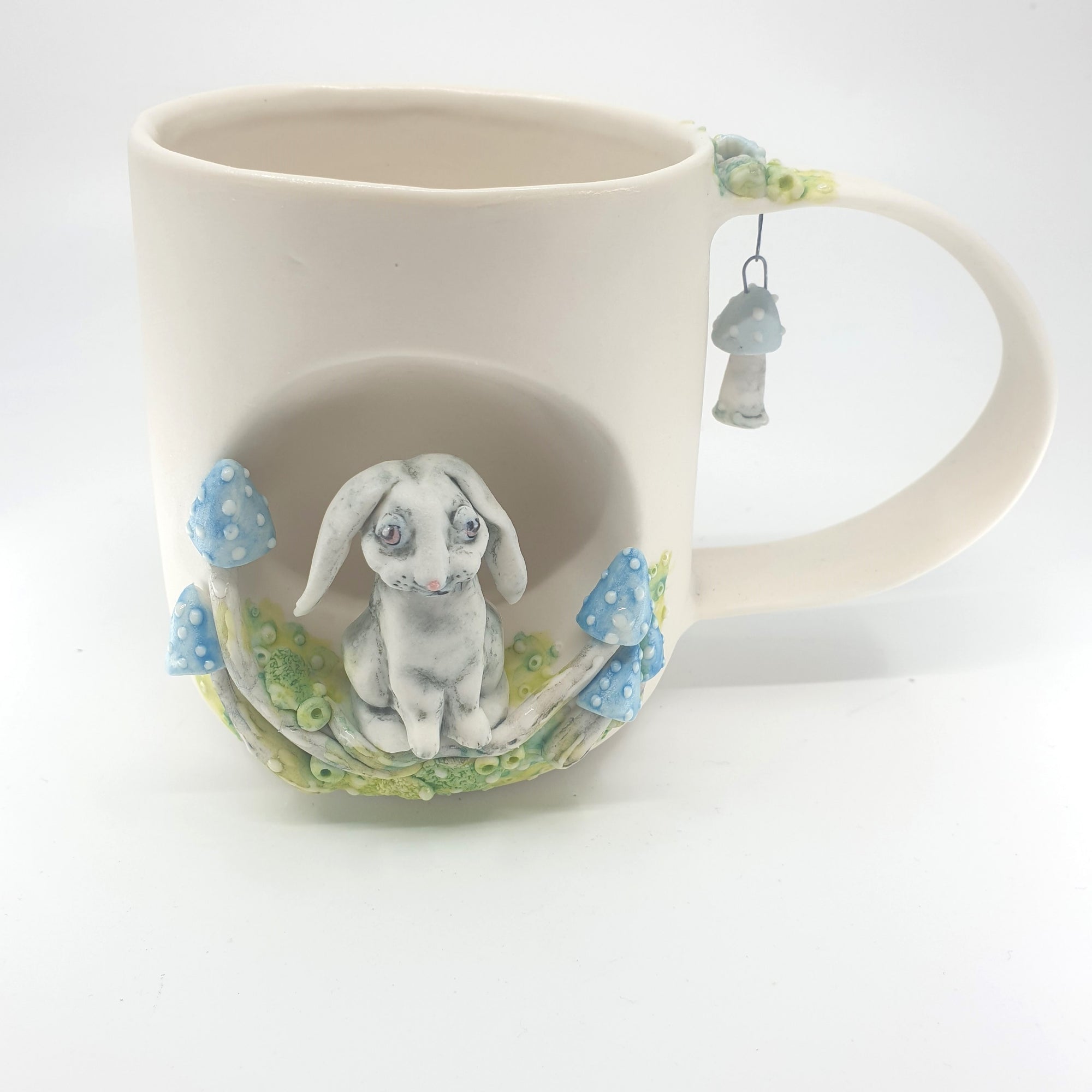 Porcelain bunny mug with blue mushrooms (pastel) 20% off Easter Sale
