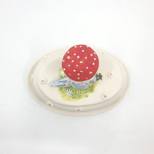 Blue bird and red mushroom butterdish