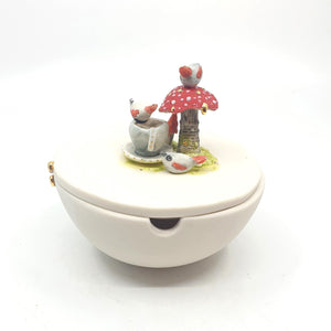 Porcelain sugar bowl with mushroom, tea cup and birds 20% off Easter sale
