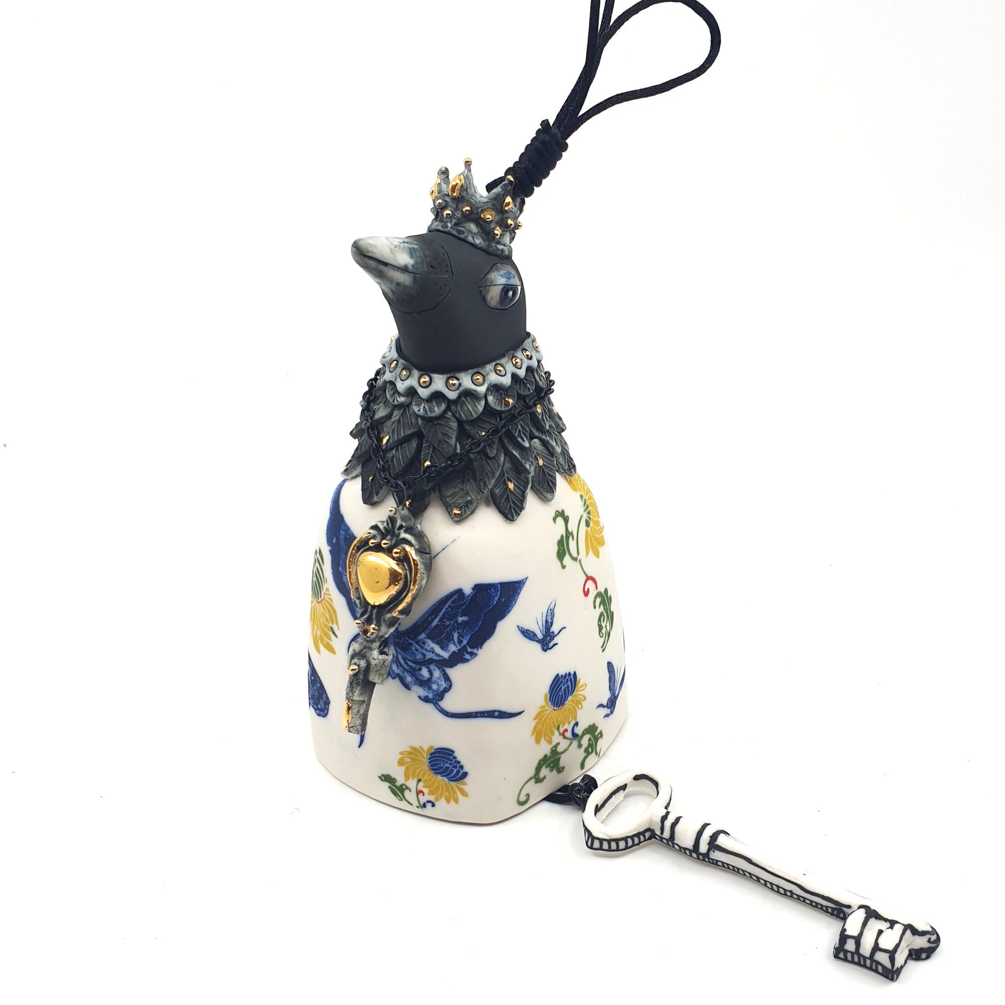 Bird bell with flowers and blue butterflies with gold accents