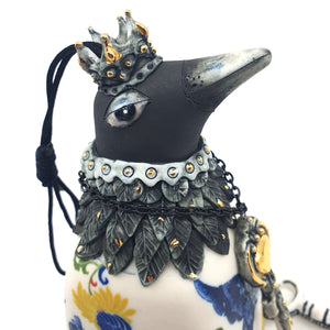 Bird bell with flowers and blue butterflies with gold accents