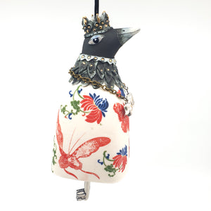 Bird bell with flowers, red butterflies and gold accents