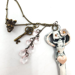 Ceramic key with skull and pink heart on antique bronze chain
