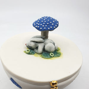 Porcelain sugar bowl with blue mushroom and sleeping bunny 20% off Easter sale